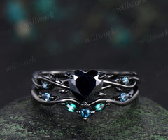 Black gold heart black onyx engagement ring leaf twisted ring London blue topaz curved wedding band mysterious bridal set