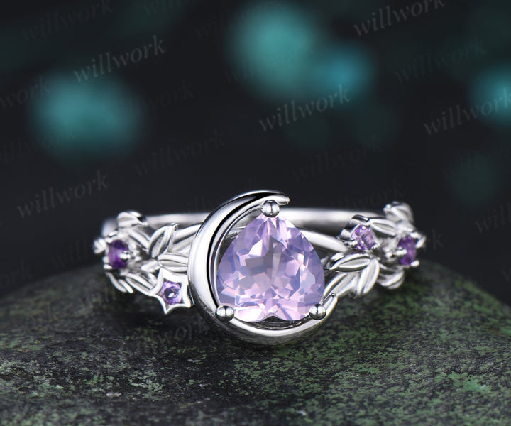 Unique trillion cut lavender amethyst engagement ring star leaf twig amethyst accent five stones promise ring