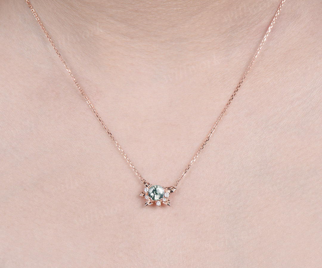 Round moss agate leaf pendant necklace nature inspired moissanite rose gold necklace birthday anniversary gifts