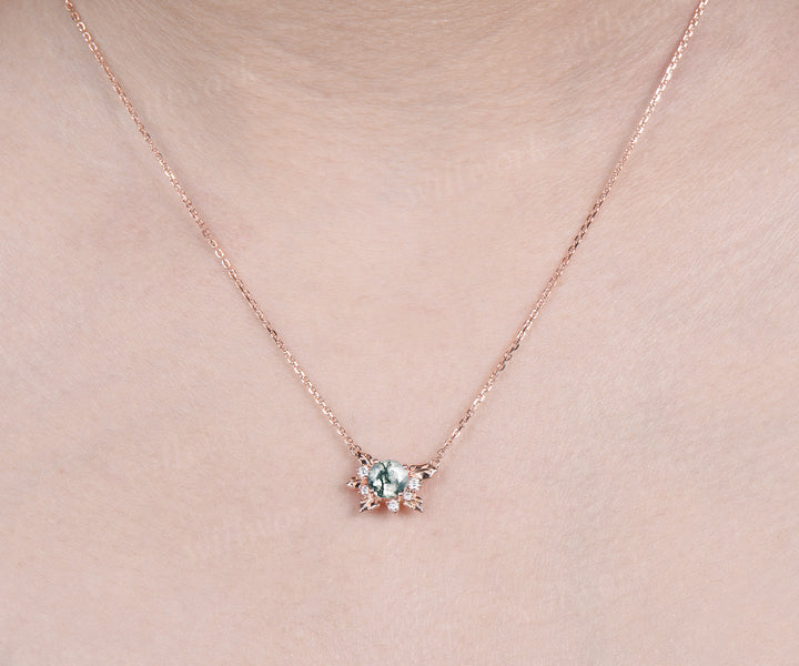 Round moss agate leaf pendant necklace nature inspired moissanite rose gold necklace birthday anniversary gifts