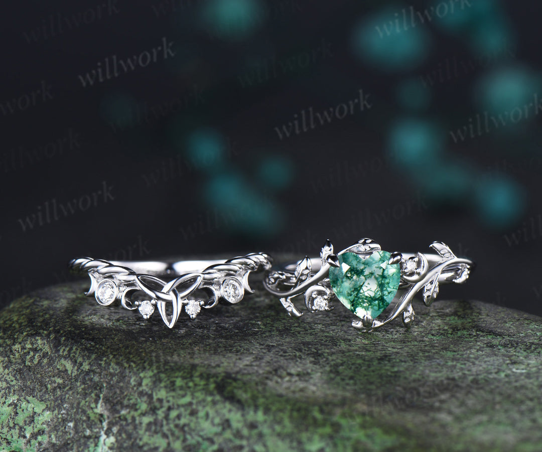 Vintage Heart Moss Agate Engagement Ring Twig Leaf Nature inspired Moon Diamond Celtic knot Wedding Ring Set