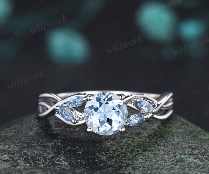 1CT round aquamarine ring set marquise aquamarine twisted engagement ring moissanite matching band March birthstone jewelry for her