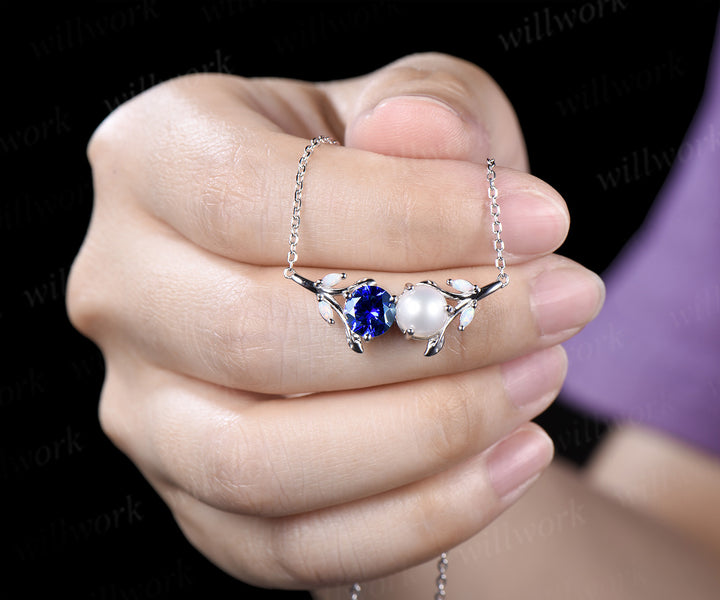 1ct Round Sapphire Pearl Leaf Vine Necklace Toi et Moi Pendant with Opal Unique Couple BFF Necklace Gifts