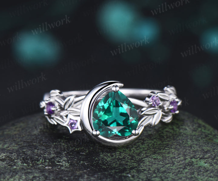 Unique trillion cut emerald engagement ring star leaf twig amethyst accent five stones promise ring