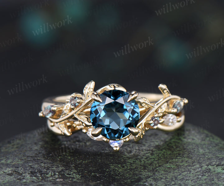 Nature inspired round London blue topaz ring set leaf twig alexandrite ring moonstone moissanite wave band bridal set