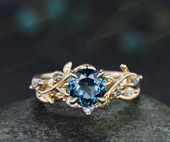 Nature inspired round London blue topaz ring set leaf twig alexandrite ring moonstone moissanite wave band bridal set
