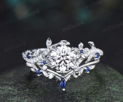 Round brilliant cut lab grown diamond leaf engagement ring set solid 14k white gold floral twig sapphire diamond promise ring unique bridal set