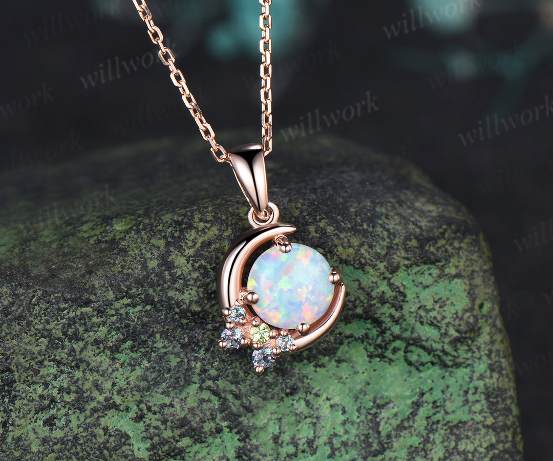 Art Deco Moon Round Opal Necklace Peridot Alexandrite Cluster Pendant October Birthstone Necklace Gifts