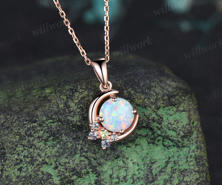 Art Deco Moon Round Opal Necklace Peridot Alexandrite Cluster Pendant October Birthstone Necklace Gifts