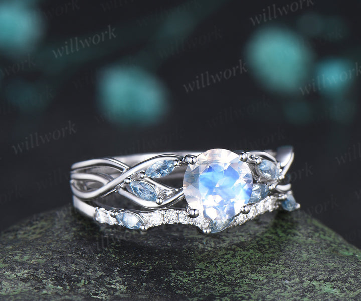 Natural round moonstone ring set split shank promise ring with marquise aquamarine waving moissanite stacking band bridal set
