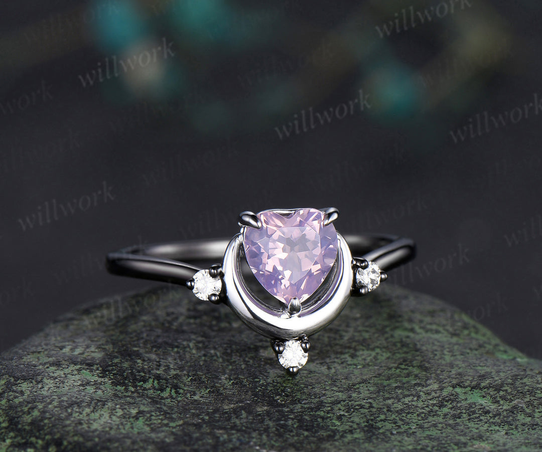 Heart cut lavender amethyst moon ring white gold crescent black gold band two gold tones diamond art deco bridal jewelry