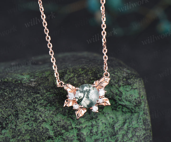Round moss agate leaf pendant necklace nature inspired moissanite rose gold necklace birthday anniversary gifts