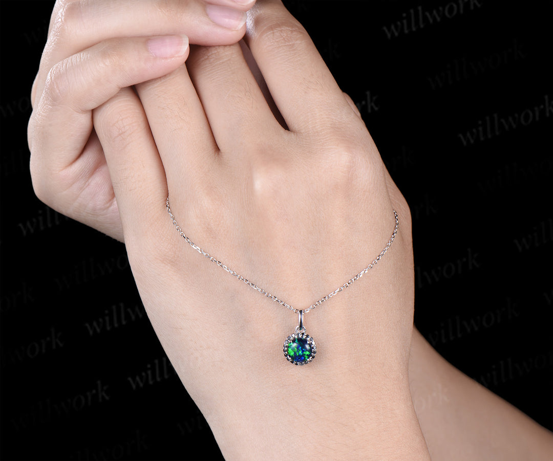 Vintage round black opal necklace unique black diamonds/black spinels pendant necklace wedding anniversary birthday gifts