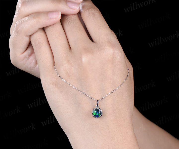 Vintage round black opal necklace unique black diamonds/black spinels pendant necklace wedding anniversary birthday gifts