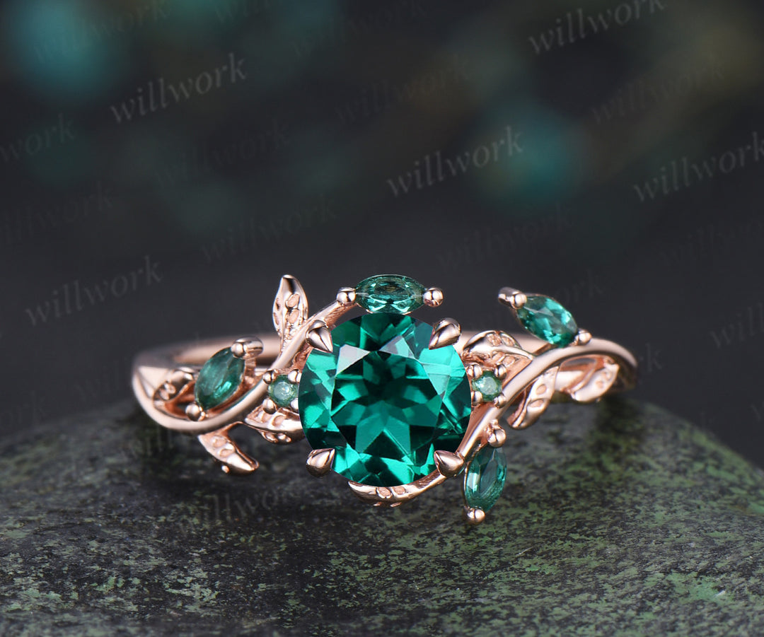 Round emerald engagement ring set marquise emerald twig ring celtic knot wedding band nature inspired bridal set