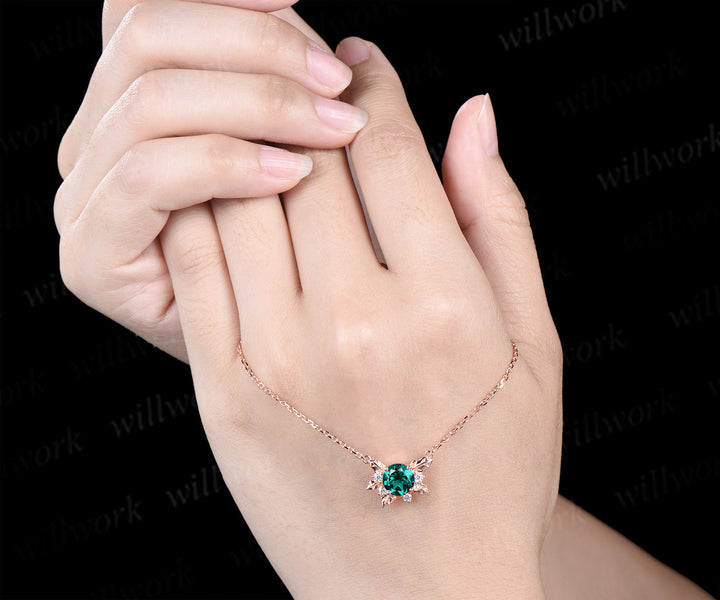 Round emerald leaf pendant necklace nature inspired moissanite rose gold necklace jewelry gifts for women