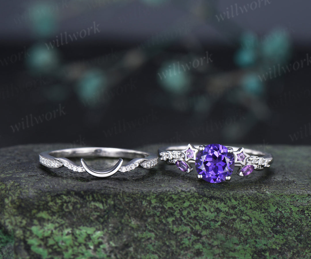Round Cut Purple Sapphire Ring Set Art Deco Amethyst Star Moissanite Accent Promise Ring Moon Wave Wedding Band Unique Bridal Set