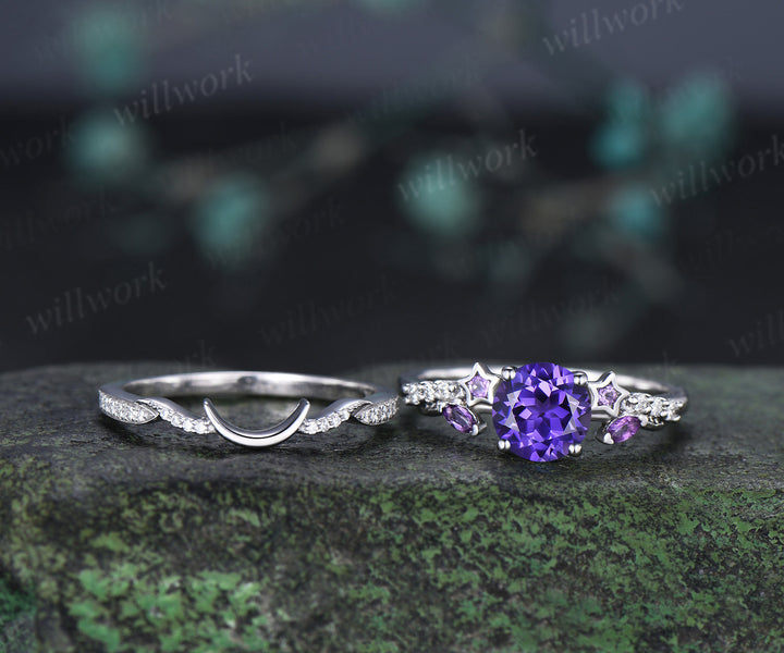 Round Cut Purple Sapphire Ring Set Art Deco Amethyst Star Moissanite Accent Promise Ring Moon Wave Wedding Band Unique Bridal Set