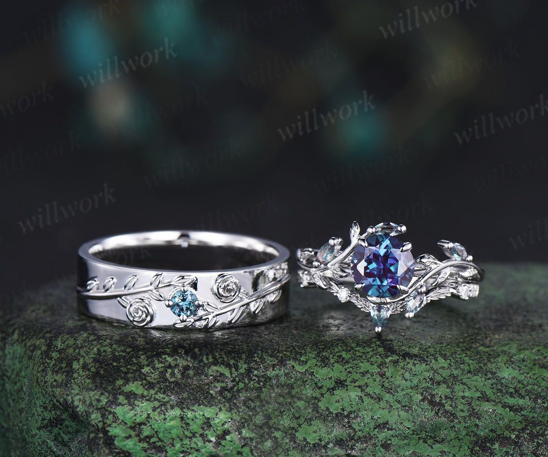Vintage Round Alexandrite Leaf Bridal Ring Set & Leaf Vine Floral Engraved Alexandrite Men Wedding Ring Enchanted Couple Ring Set