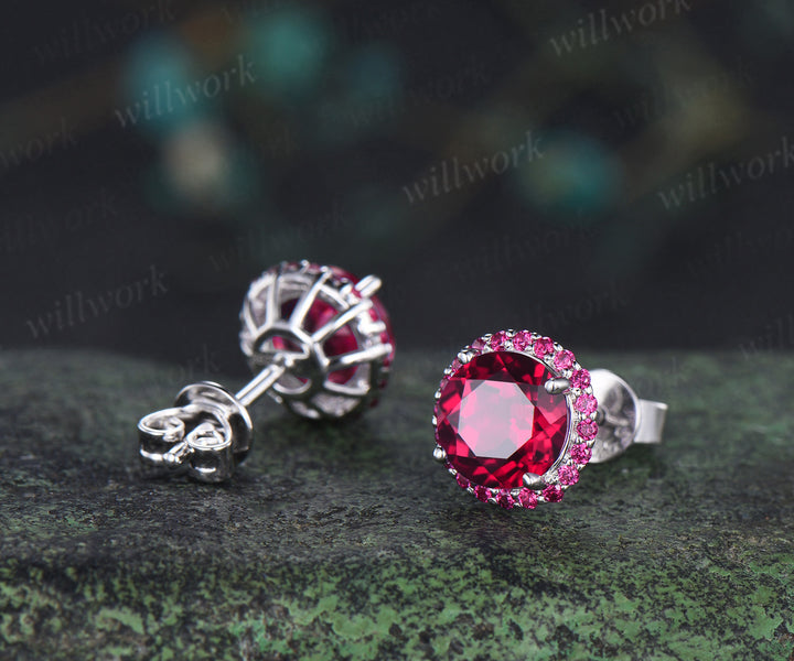 Vintage round ruby stud earrings red ruby halo piercing jewelry July birthstone gifts
