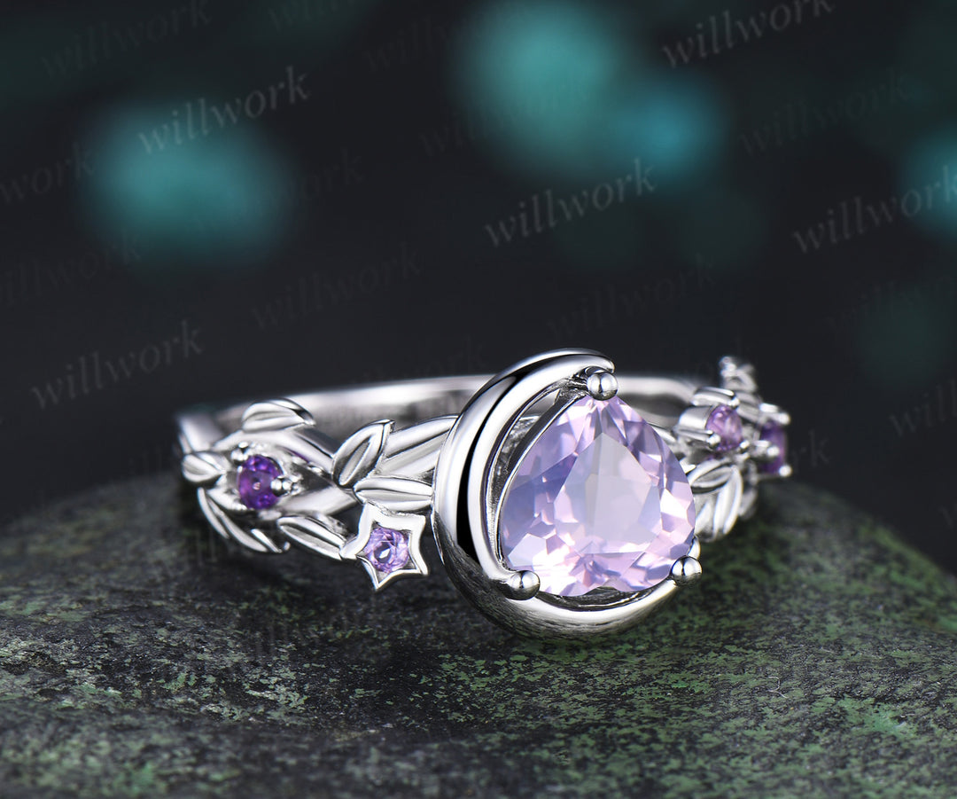 Unique trillion cut lavender amethyst engagement ring star leaf twig amethyst accent five stones promise ring