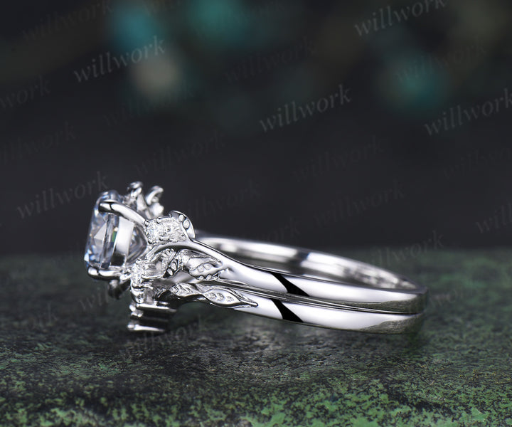 Round cut gray moissanite ring set nature inspired leaf moissanite ring matching wedding band unique bridal set jewelry gifts