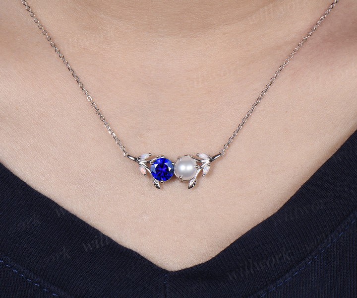 1ct Round Sapphire Pearl Leaf Vine Necklace Toi et Moi Pendant with Opal Unique Couple BFF Necklace Gifts