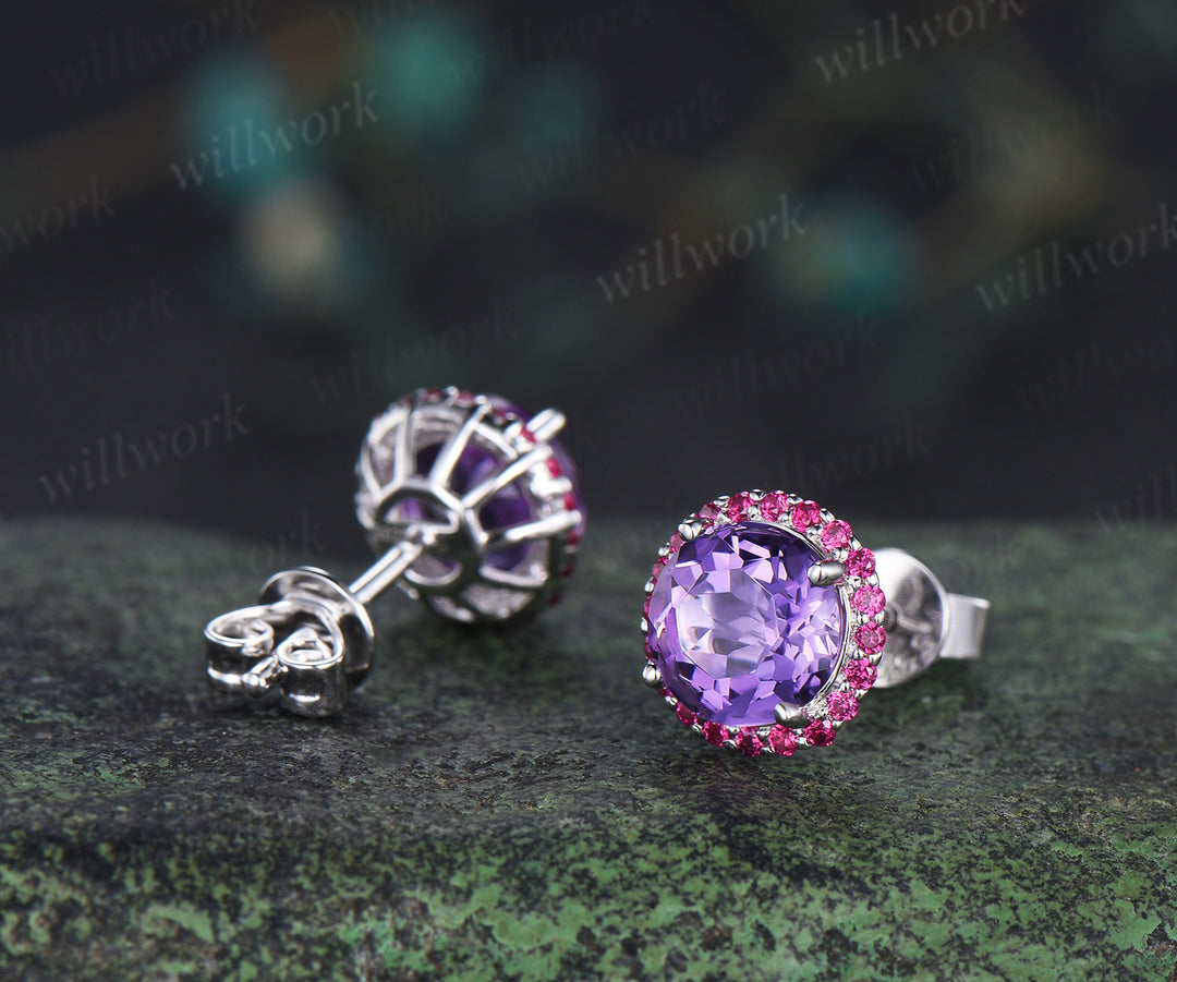Enchanting round amethyst stud earrings red ruby halo piercing birthstone earrings gifts for her