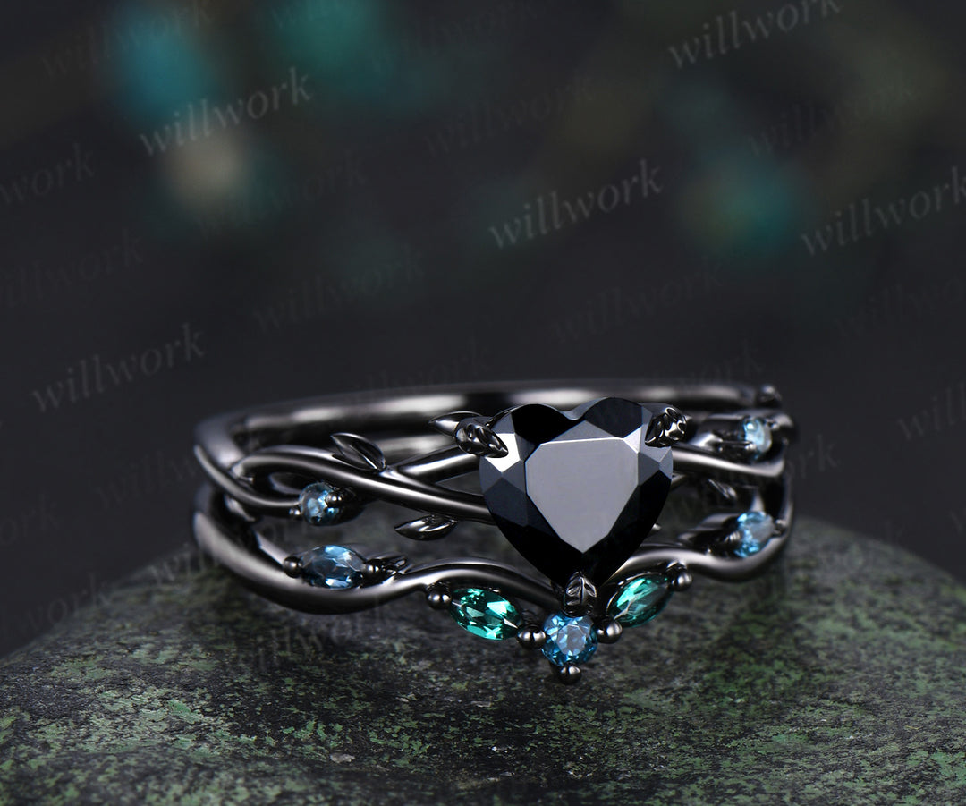 Black gold heart black onyx engagement ring leaf twisted ring London blue topaz curved wedding band mysterious bridal set
