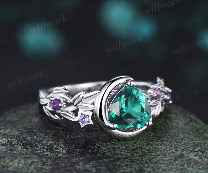 Unique trillion cut emerald engagement ring star leaf twig amethyst accent five stones promise ring