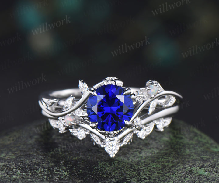 1ct round cut blue sapphire engagement ring set leaf twig opals ring moissanite wedding band brial set
