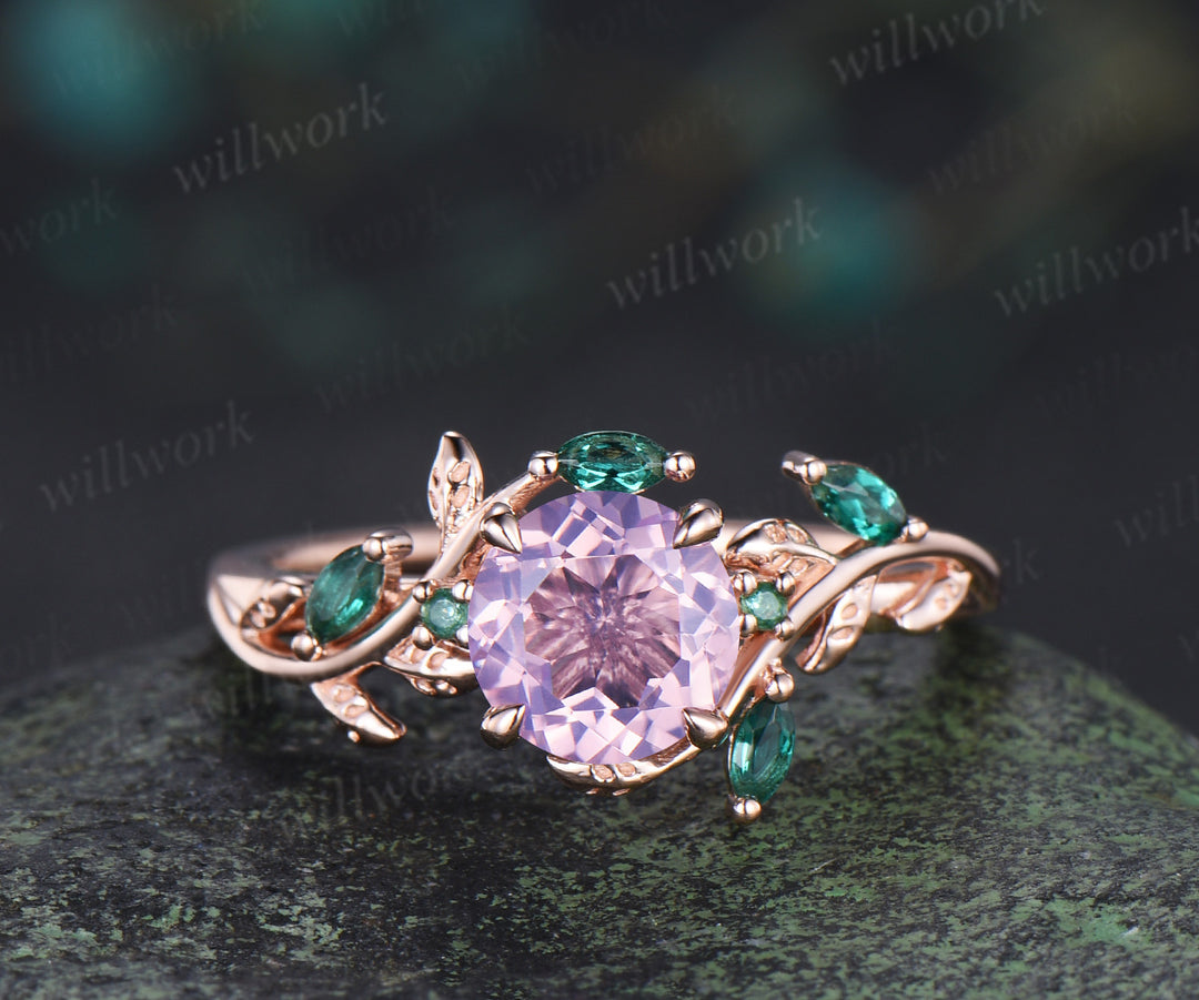 Round lavender amethyst engagement ring set marquise emerald twig ring celtic knot wedding band nature inspired bridal set