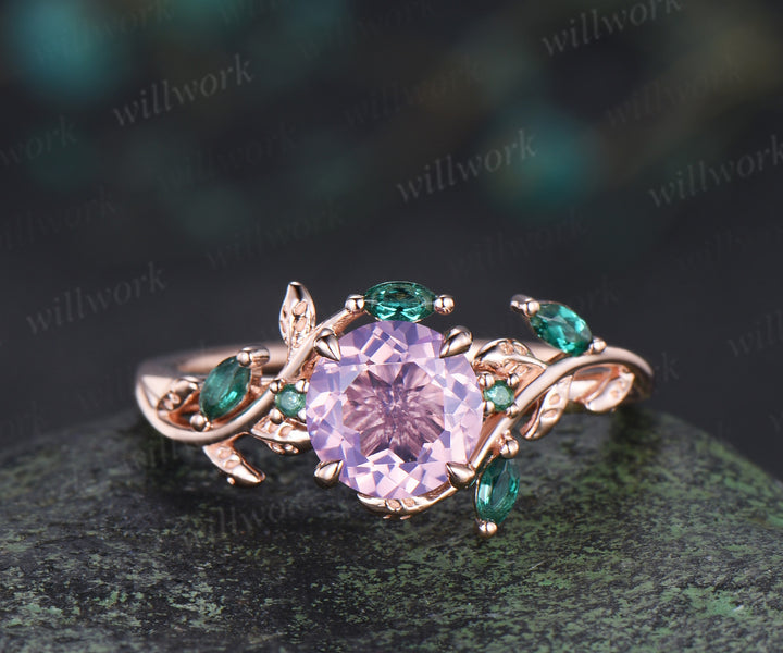 Round lavender amethyst engagement ring set marquise emerald twig ring celtic knot wedding band nature inspired bridal set