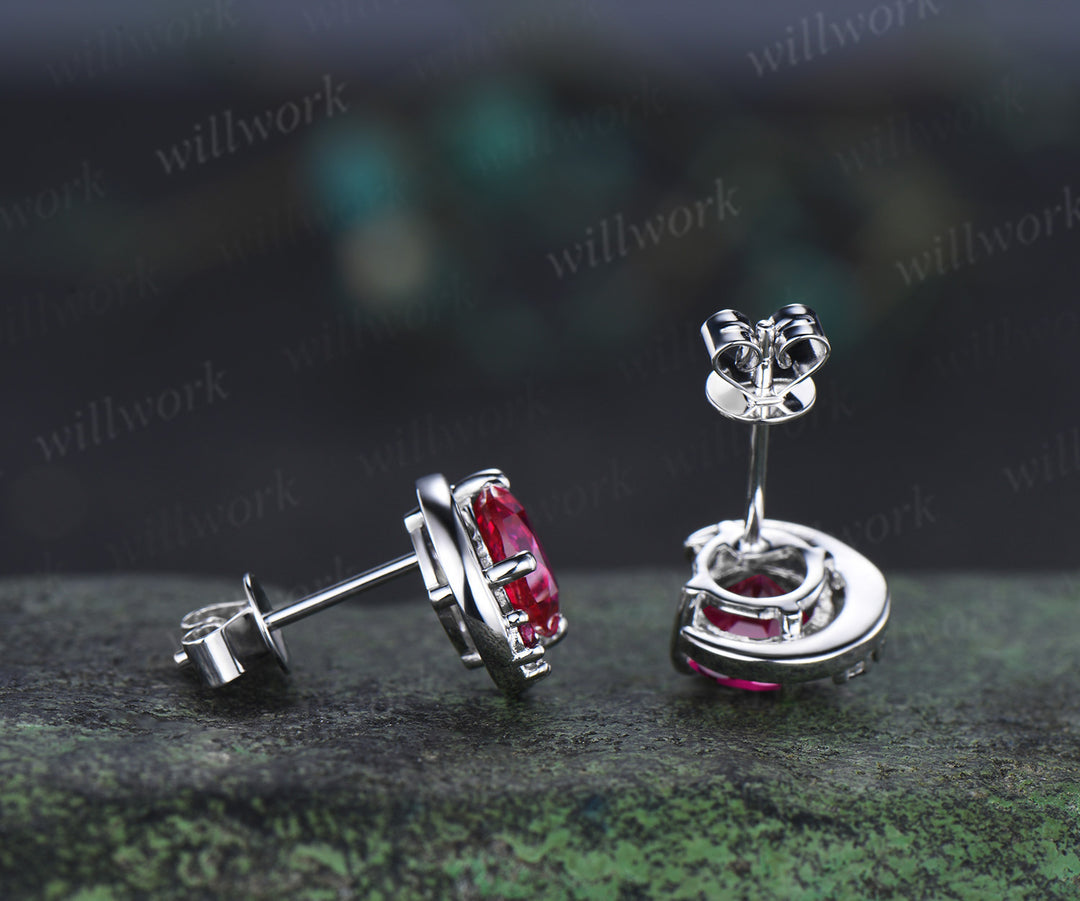 Round ruby moon stud earrings unique solid 14k 18k white gold ruby cluster earrings July birthstone jewelry gifts for women