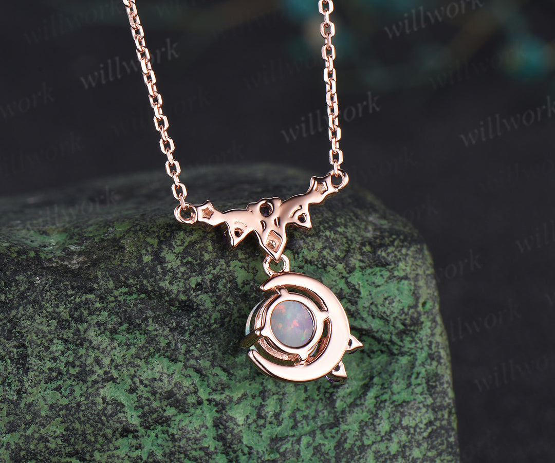 Dainty round opal moon stars necklace amethyst moissanite cluster pendant October birthstone jewelry anniversary gifts