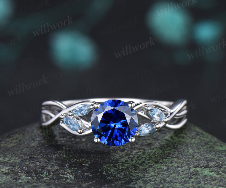 Round Cut Sapphire Engagement Ring Set Twisted Marquise Aquamarine Ring Wave Moissanite Stacking Ring Unique Bridal Set