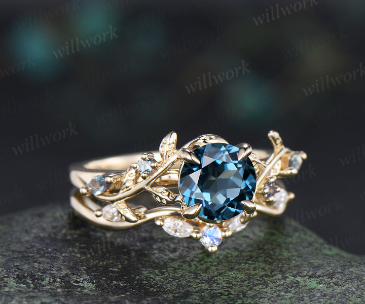 Nature inspired round London blue topaz ring set leaf twig alexandrite ring moonstone moissanite wave band bridal set