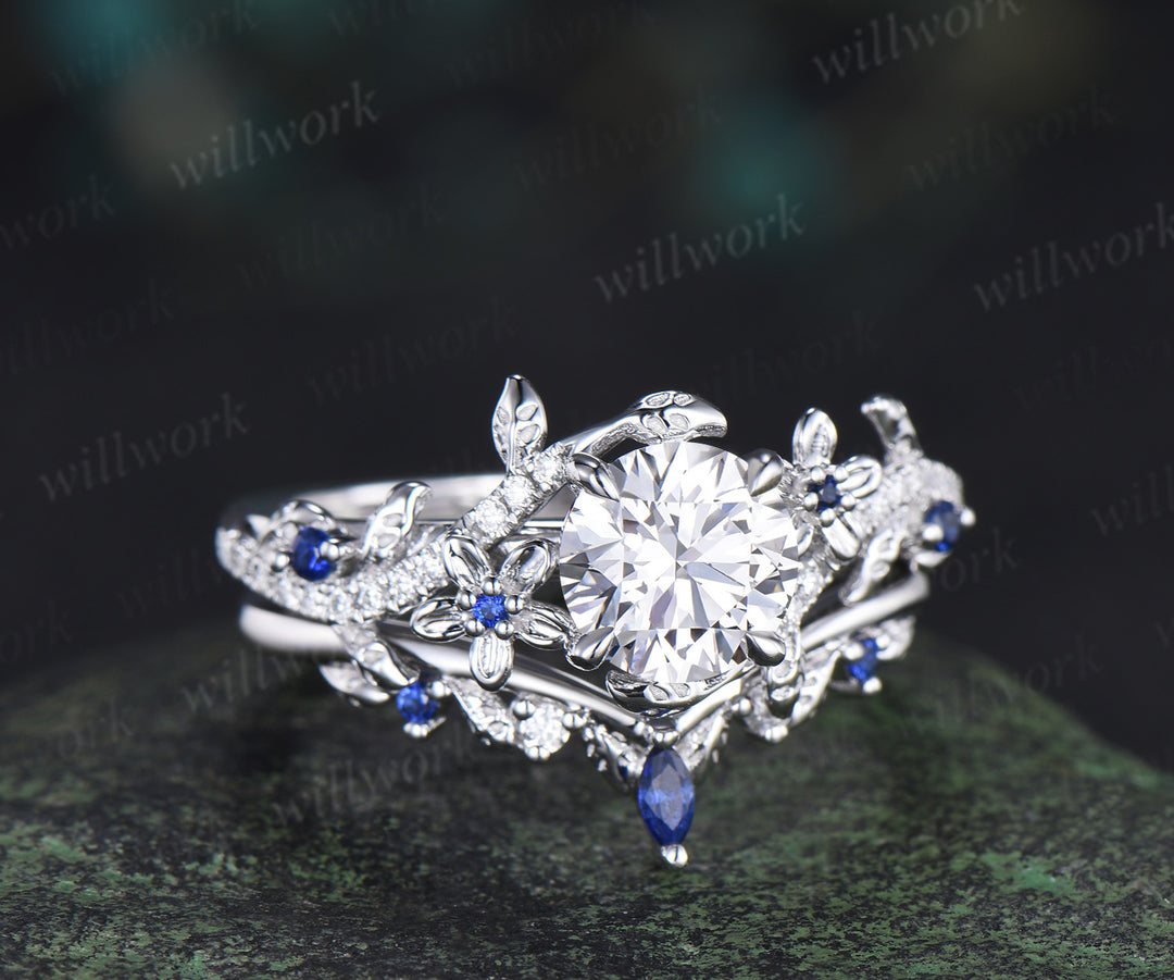 Round brilliant cut lab grown diamond leaf engagement ring set solid 14k white gold floral twig sapphire diamond promise ring unique bridal set