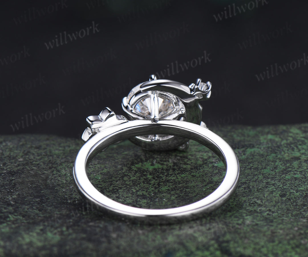 6.5mm round lab grown diamond engagement ring unique moon cluster diamond ring solid 14k white gold bridal ring gifts for women