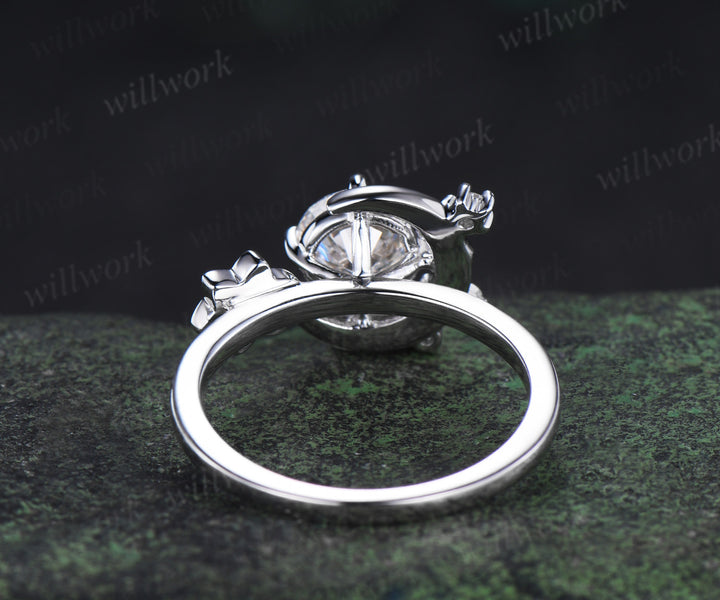 6.5mm round lab grown diamond engagement ring unique moon cluster diamond ring solid 14k white gold bridal ring gifts for women