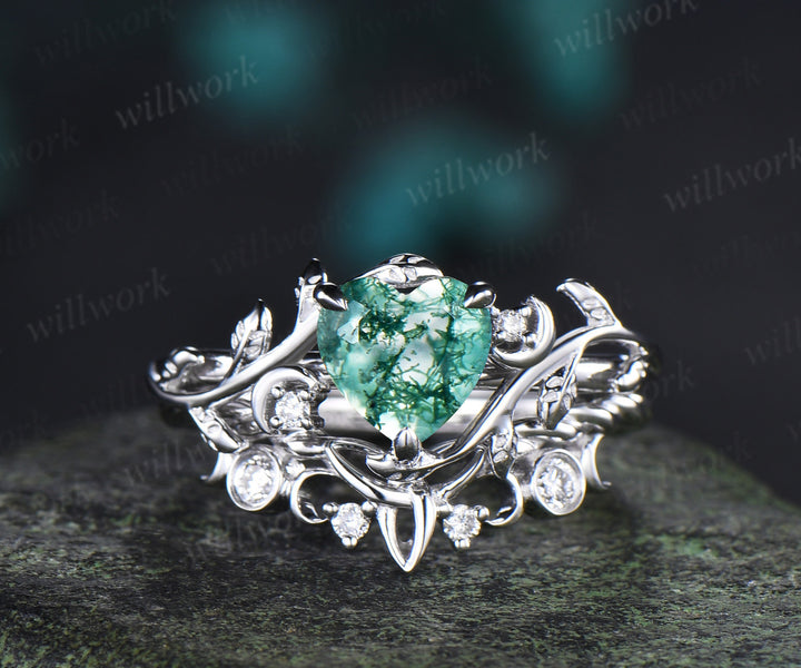 Vintage Heart Moss Agate Engagement Ring Twig Leaf Nature inspired Moon Diamond Celtic knot Wedding Ring Set