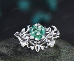 Vintage Heart Moss Agate Engagement Ring Twig Leaf Nature inspired Moon Diamond Celtic knot Wedding Ring Set