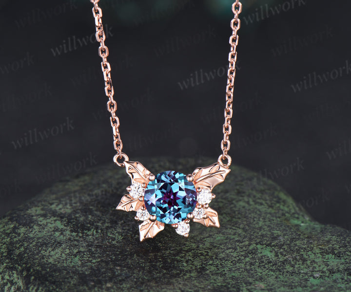 Nature inspired round alexandrite leaf pendant necklace color change gemstone moissanite pendant June birthstone gifts