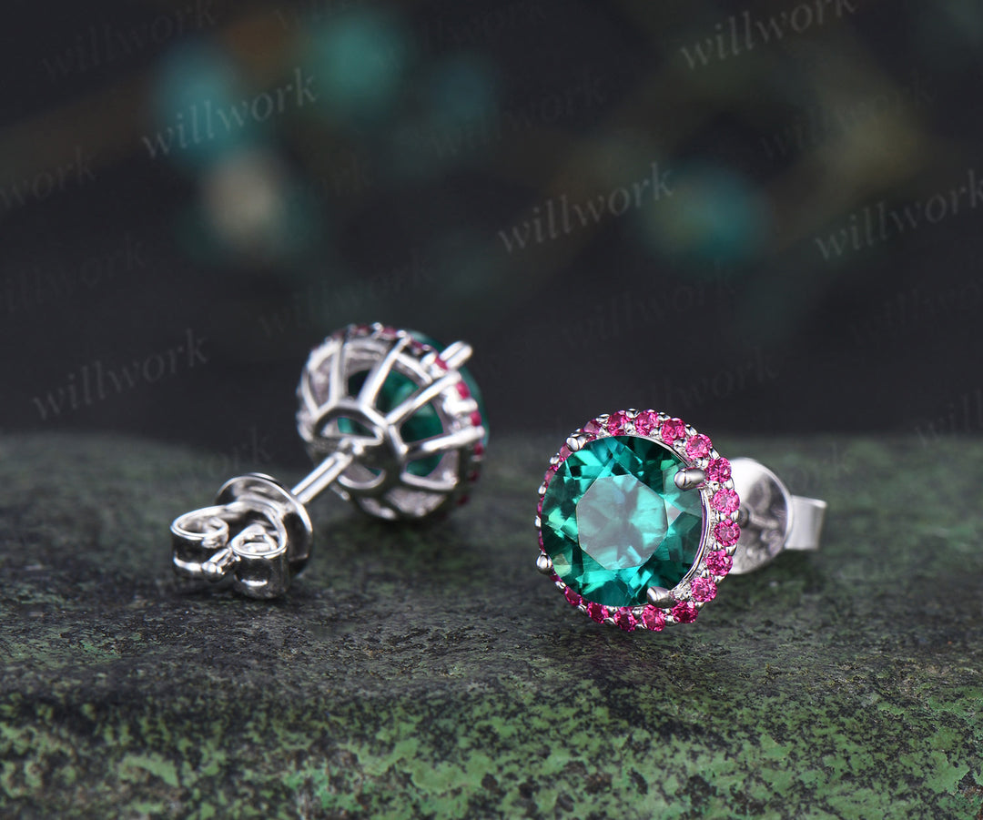Vintage round emerald stud earrings red ruby halo piercing earrings unique jewelry gifts