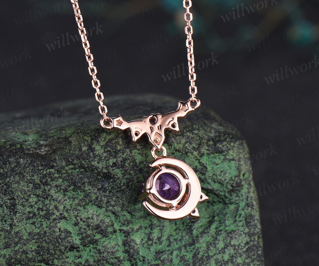Round amethyst moon stars necklace February birthstone moissanite cluster pendant elegant wedding gifts