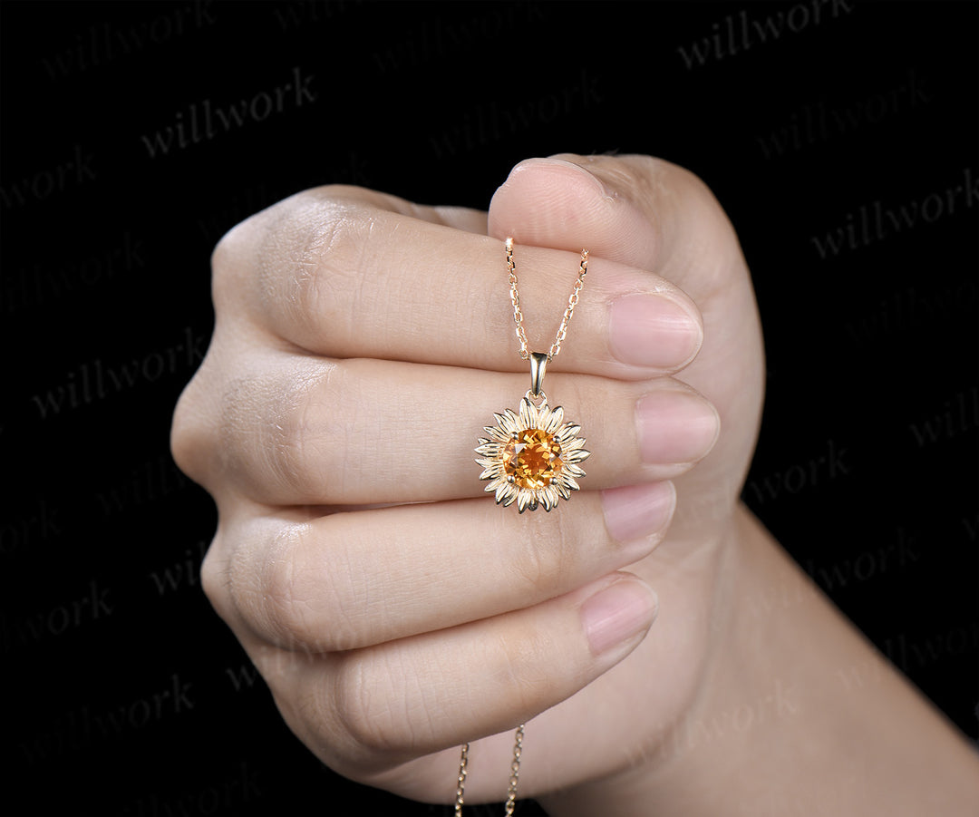 Round cut citrine sunflower necklace solitare yellow cystal pendant necklace November jewelry