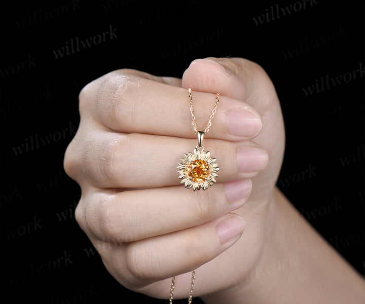 Round cut citrine sunflower necklace solitare yellow cystal pendant necklace November jewelry