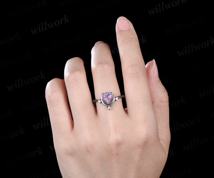 Heart cut lavender amethyst moon ring white gold crescent black gold band two gold tones diamond art deco bridal jewelry