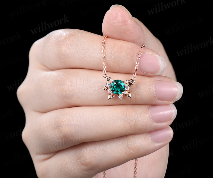 Round emerald leaf pendant necklace nature inspired moissanite rose gold necklace jewelry gifts for women