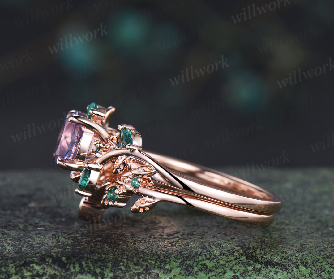 Round lavender amethyst engagement ring set marquise emerald twig ring celtic knot wedding band nature inspired bridal set